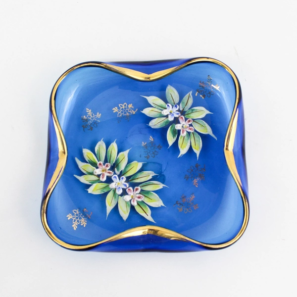 Vintage Cobalt Blue Hand-Painted Hand-Blown Glass Floral Trinket Dish