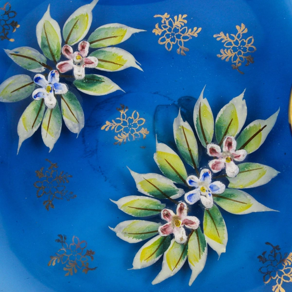 Vintage Cobalt Blue Hand-Painted Hand-Blown Glass Floral Trinket Dish