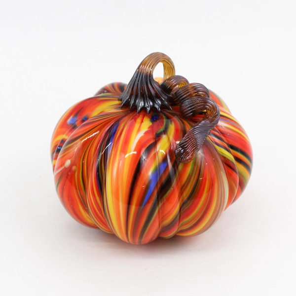 Hand Blown Art Glass Pumpkin Orange Multi-Color Striped