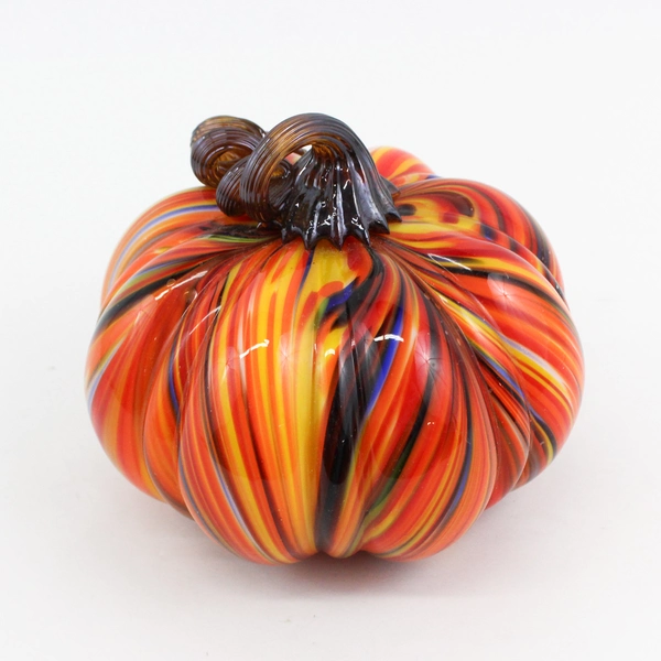 Hand Blown Art Glass Pumpkin Orange Multi-Color Striped