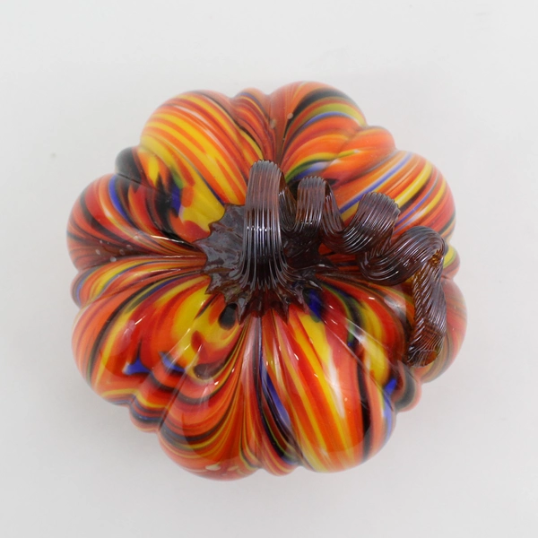 Hand Blown Art Glass Pumpkin Orange Multi-Color Striped