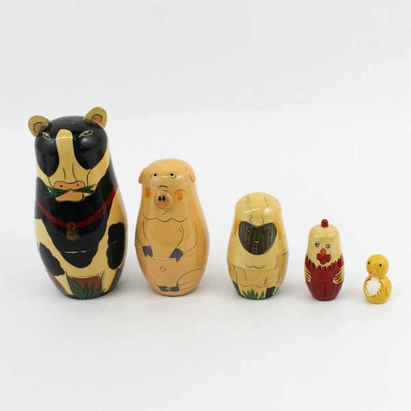 5 Farm Animals Wooden Nesting Doll Set Cow Pig Sheep Chickens