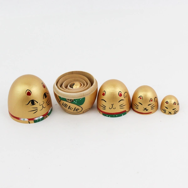 5 Piece Ebros Golden Maneki Neko Wooden Toy Stacking Nesting Dolls Set