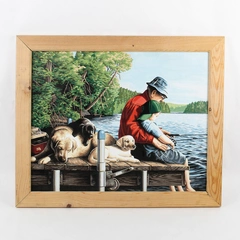 Grandpa With Grandson Fishing On Dock With Labs Art Print 18.75x23"