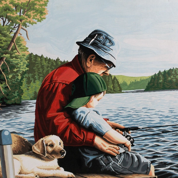 Grandpa With Grandson Fishing On Dock With Labs Art Print 18.75x23"