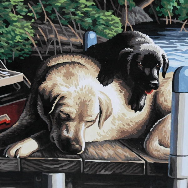 Grandpa With Grandson Fishing On Dock With Labs Art Print 18.75x23"