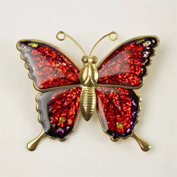 Vintage Red Enamel Butterfly Brooch Glitter Sparkle Gold-Tone Pin