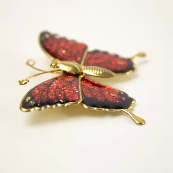 Vintage Red Enamel Butterfly Brooch Glitter Sparkle Gold-Tone Pin