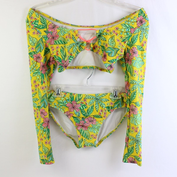 Art Class Tropical Floral Pattern Yellow Bikini Swimsuit Girls' Large 10/12