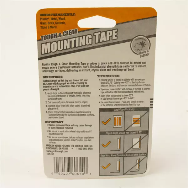 Gorilla Tough & Clear Double-Sided Mounting Tape Waterproof Indoor/Outdoor NEW