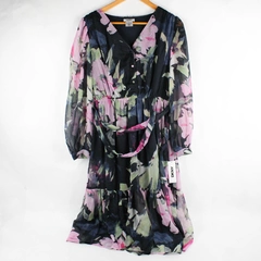NWT DKNY Women's 6 Navy Blue Floral Bubble Sleeve Buttoned V-Neck Midi Dress