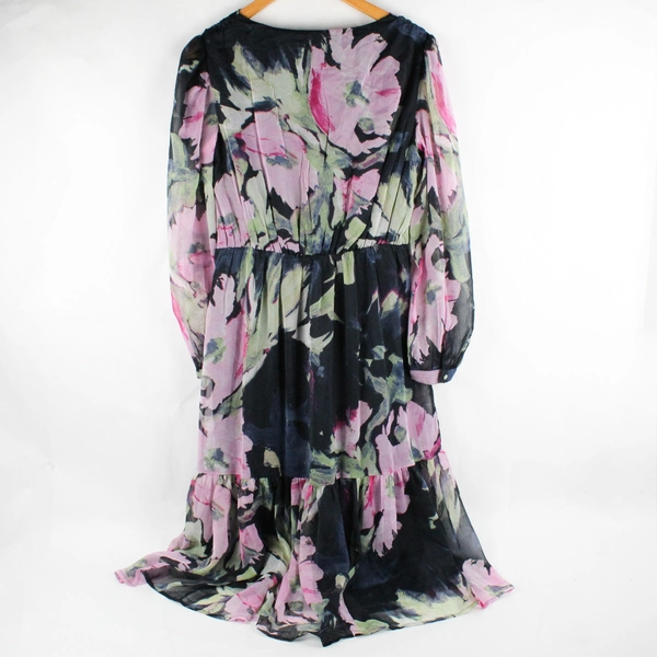 NWT DKNY Women's 6 Navy Blue Floral Bubble Sleeve Buttoned V-Neck Midi Dress