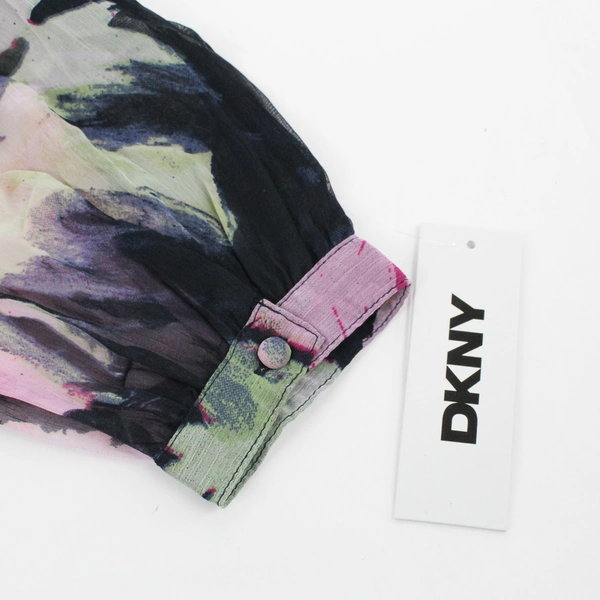 NWT DKNY Women's 6 Navy Blue Floral Bubble Sleeve Buttoned V-Neck Midi Dress