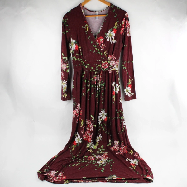 Lilbetter Women's M Purple Floral V Neck Long Sleeve Maxi Dress