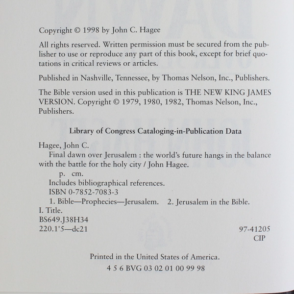 Final Dawn Over Jerusalem A Memoir by John Hagee 1998 Hardcover Dust Jacket