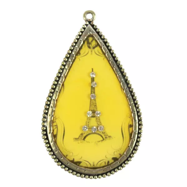 Vintage Teardrop Eiffel Tower Pendant Clear Rhinestones Bezel Silver-Tone