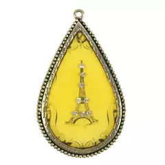 Vintage Teardrop Eiffel Tower Pendant Clear Rhinestones Bezel Silver-Tone