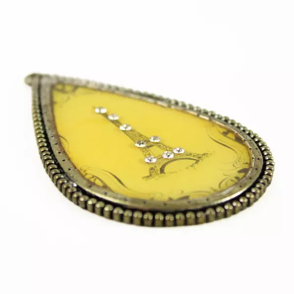 Vintage Teardrop Eiffel Tower Pendant Clear Rhinestones Bezel Silver-Tone