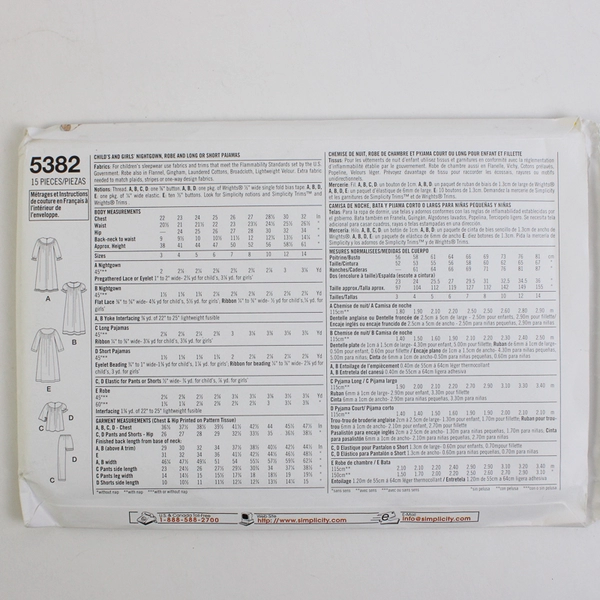 Simplicity 5382 Easy to Sew Nightgown, Robe & PJs Patterns Girls Size HH (3-6)