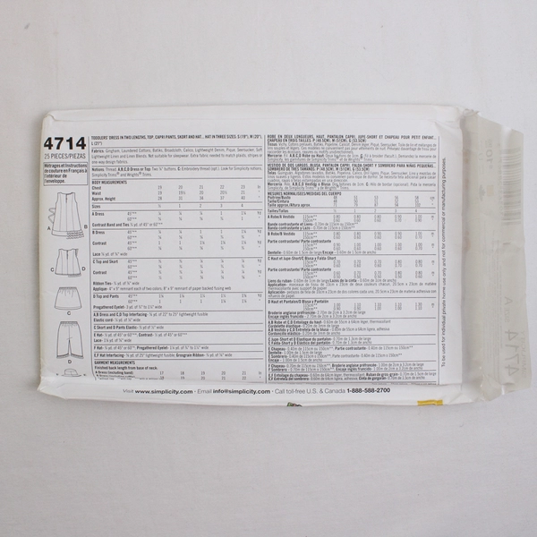 Simplicity 4714 Toddlers Dress & Outfit Patterns Girls Size A (1/2, 1, 2, 3, 4)