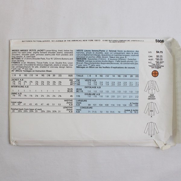 Butterick Easy 5906 Petite Jacket Patterns Womens Size 18, 20, 22 (1987)