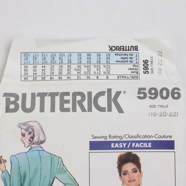 Butterick Easy 5906 Petite Jacket Patterns Womens Size 18, 20, 22 (1987)