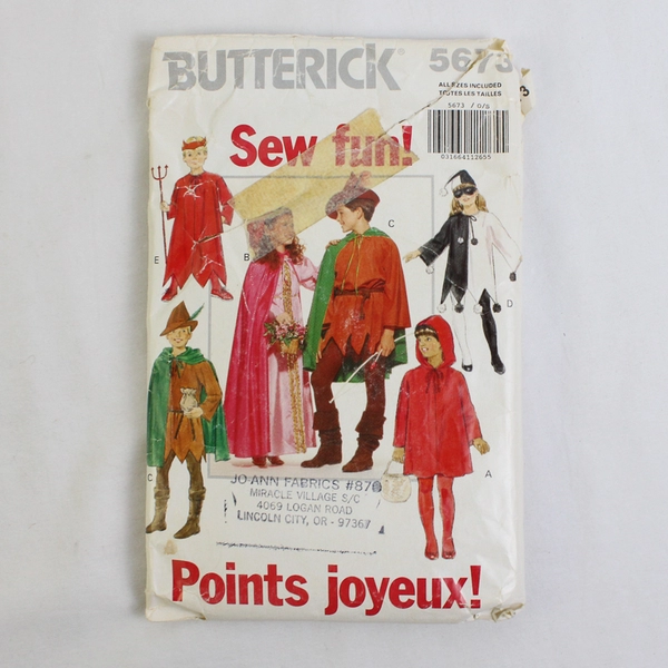 Butterick 5673 Costume Patterns Childs/Boys/Girls All Sizes (1991)