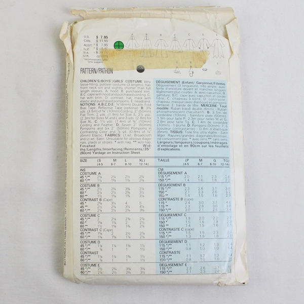 Butterick 5673 Costume Patterns Childs/Boys/Girls All Sizes (1991)