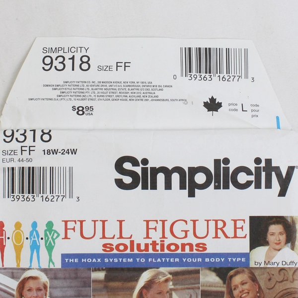 Simplicity 9318 Hoax Full Figure Blouse Patterns Womens Size FF (18W-24W) 1994