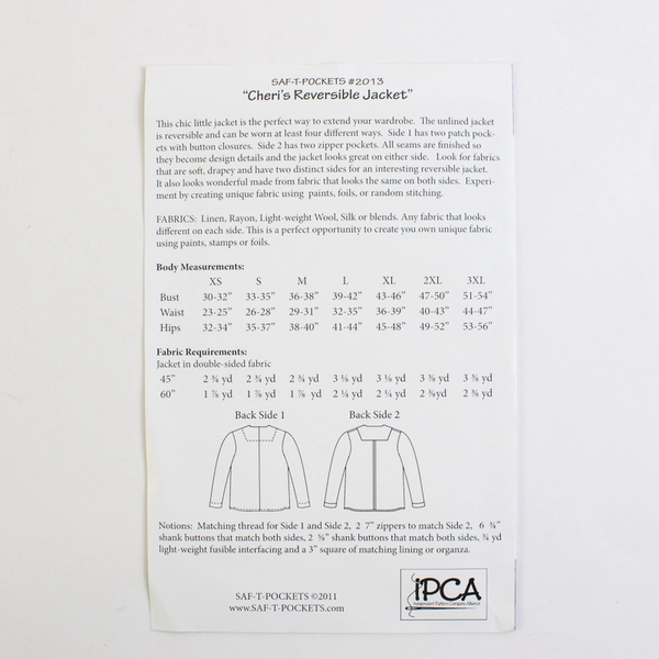Saf-T-Pockets #2013 Cheri's Reversible Jacket Sewing Pattern Women's (XS-3XL)