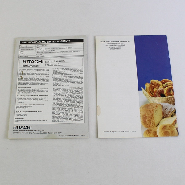 Vintage Hitachi Automatic Home Bakery II HB-B102 1 Cookbook & 1 Manual c.1990