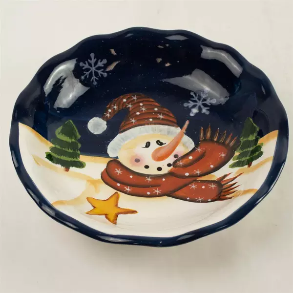 Snowman Bowl Suzi Skoglund Ceramic 2007 8.5" Round 