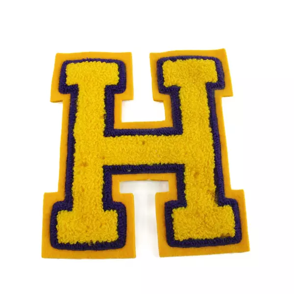 Letterman Jacket Patch Letter H Yellow w/ Purple Outline Sew or Iron-On