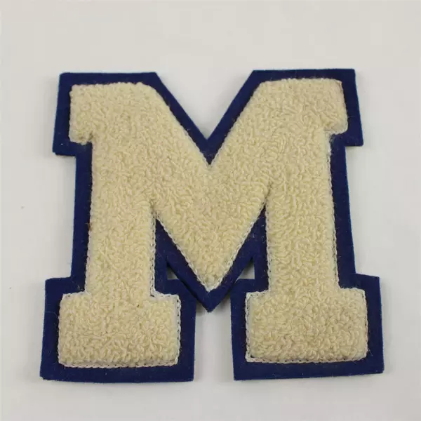Letterman Jacket Patch M Cream Blue Outline Sew or Iron-On 5in