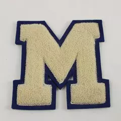 Letterman Jacket Patch M Cream Blue Outline Sew or Iron-On 5in