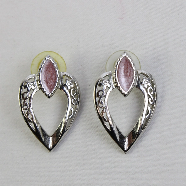 VTG Sparkly Pink Enamel Silver-Tone Heart Shape Stud Earrings