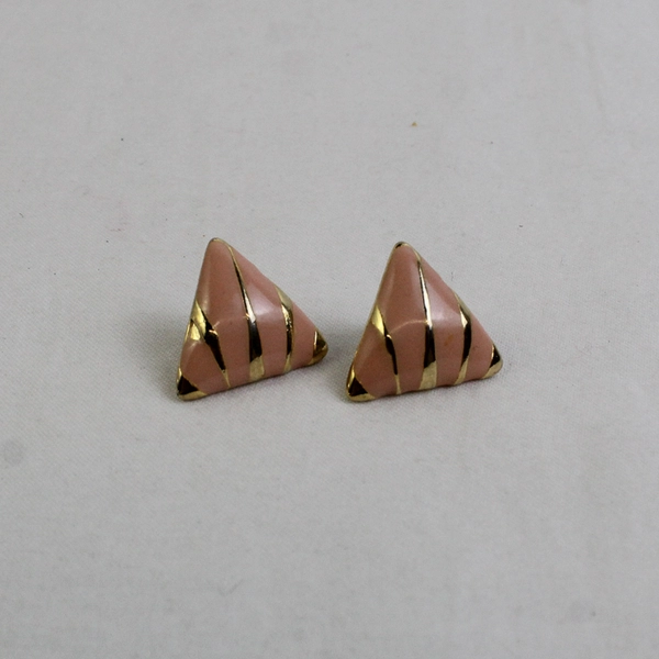 VTG Light Pink Enamel Gold-Tone Triangular Pierced Stud Earrings MISSING BACK
