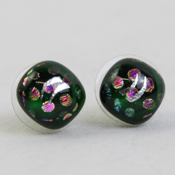 Dichroic Art Glass Stud Earrings Green Pink Silver 1/4"