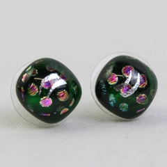 Dichroic Art Glass Stud Earrings Green Pink Silver 1/4"
