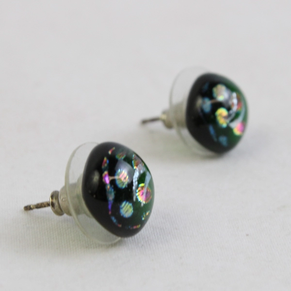 Dichroic Art Glass Stud Earrings Green Pink Silver 1/4"