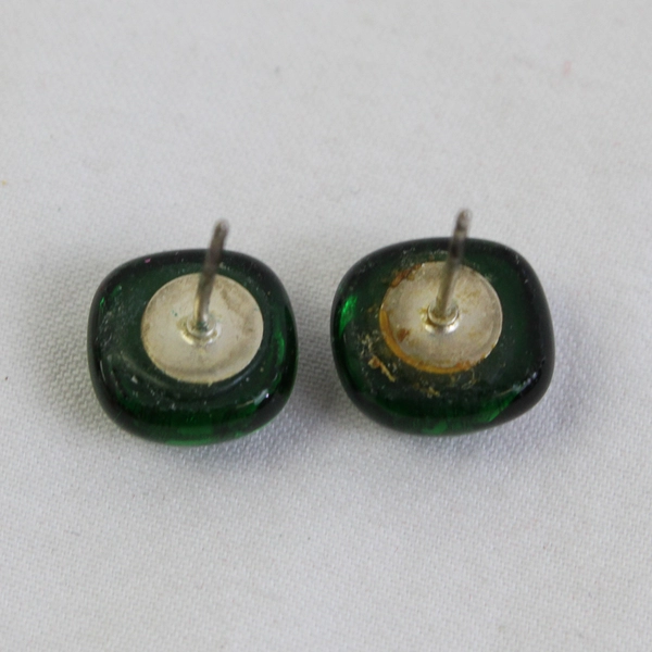 Dichroic Art Glass Stud Earrings Green Pink Silver 1/4"