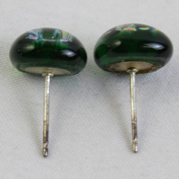 Dichroic Art Glass Stud Earrings Green Pink Silver 1/4"