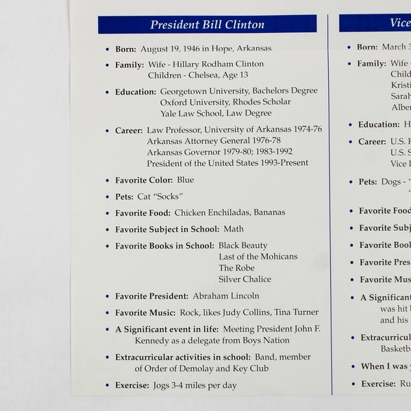 President Bill Clinton Vice President Al Gore Biography Fact Sheet