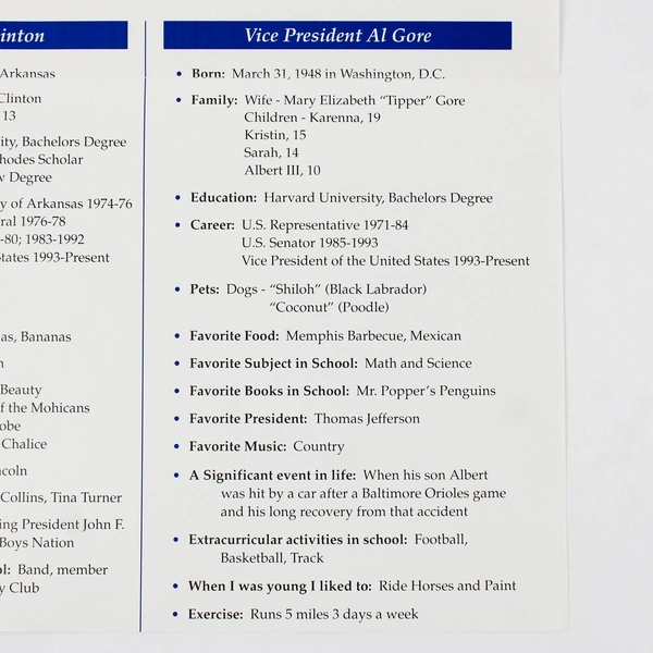 President Bill Clinton Vice President Al Gore Biography Fact Sheet