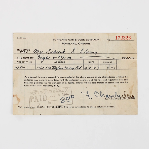1943 Portland Gas & Coke Company Installation Receipt Mrs RS Clancy Oregon