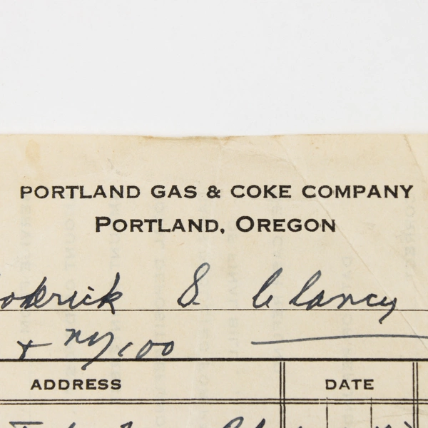 1943 Portland Gas & Coke Company Installation Receipt Mrs RS Clancy Oregon