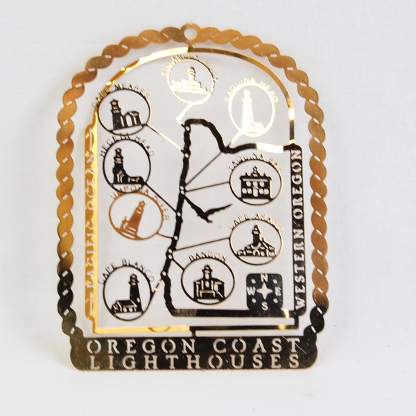 Oregon Coast Lighthouses Ornament Gold Colored Brass 3D in Box