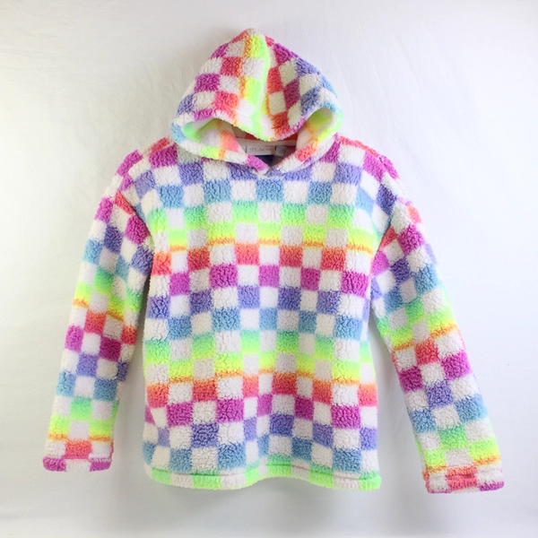 Place Juniors L 10-12 Rainbow Checkered Sherpa Pullover Hoodie Sweater