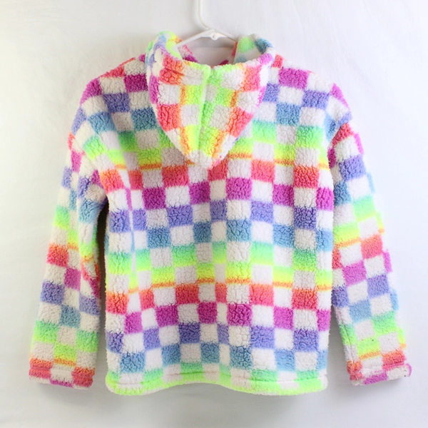 Place Juniors L 10-12 Rainbow Checkered Sherpa Pullover Hoodie Sweater