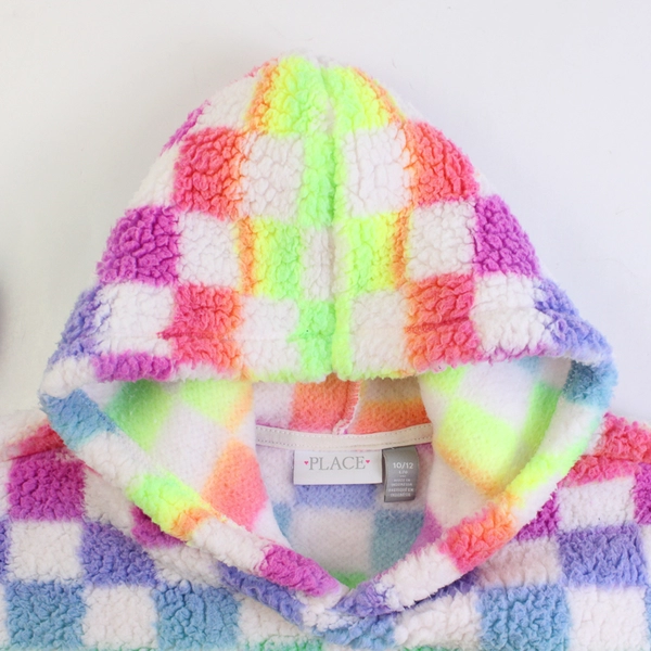 Place Juniors L 10-12 Rainbow Checkered Sherpa Pullover Hoodie Sweater